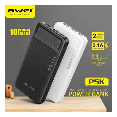 Awei P5K 10000mAh Dual USB Port Power Bank Fast Charging Micro USB and Type C Input